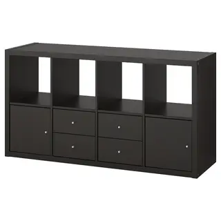 KALLAX shelving unit with 4 inserts, black-brown, 147x77 cm