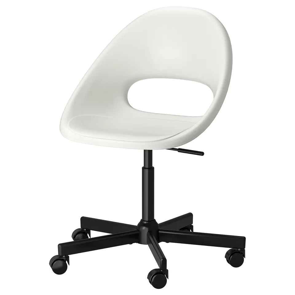 A white, adjustable office chair with black wheels and a star base. It has a sleek, modern design with a smooth seat and backrest.