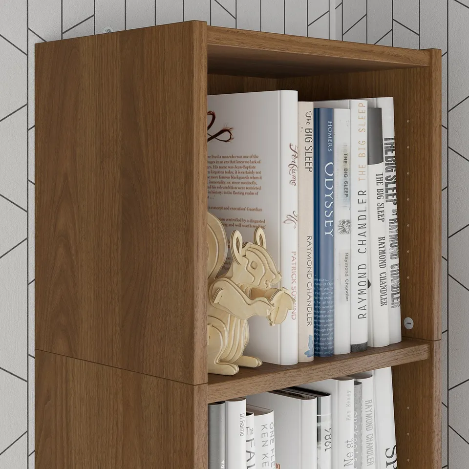 Wooden bookshelf with blue & white books, wooden dog decor, efficient vertical storage.