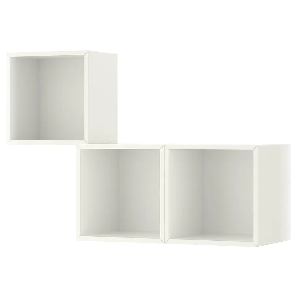White EKET wall-mounted cube storage shelves, minimalist design.