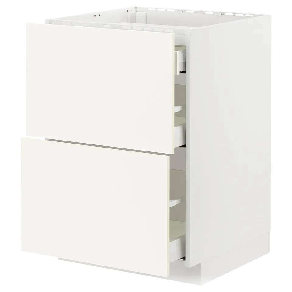 A white METOD kitchen cabinet with two drawers and shelves. It has a sleek, modern design.