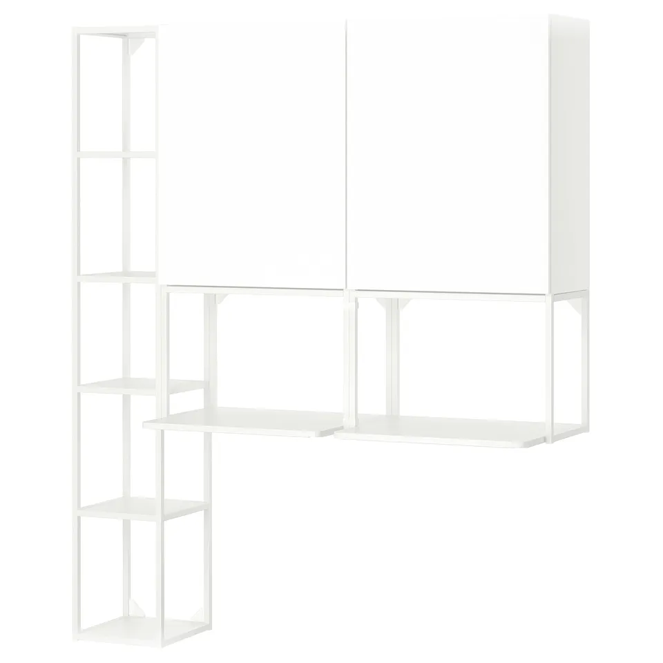 ENHET white laundry storage. Metal and particleboard combo. Shelves and cabinets. Modern, clean design.