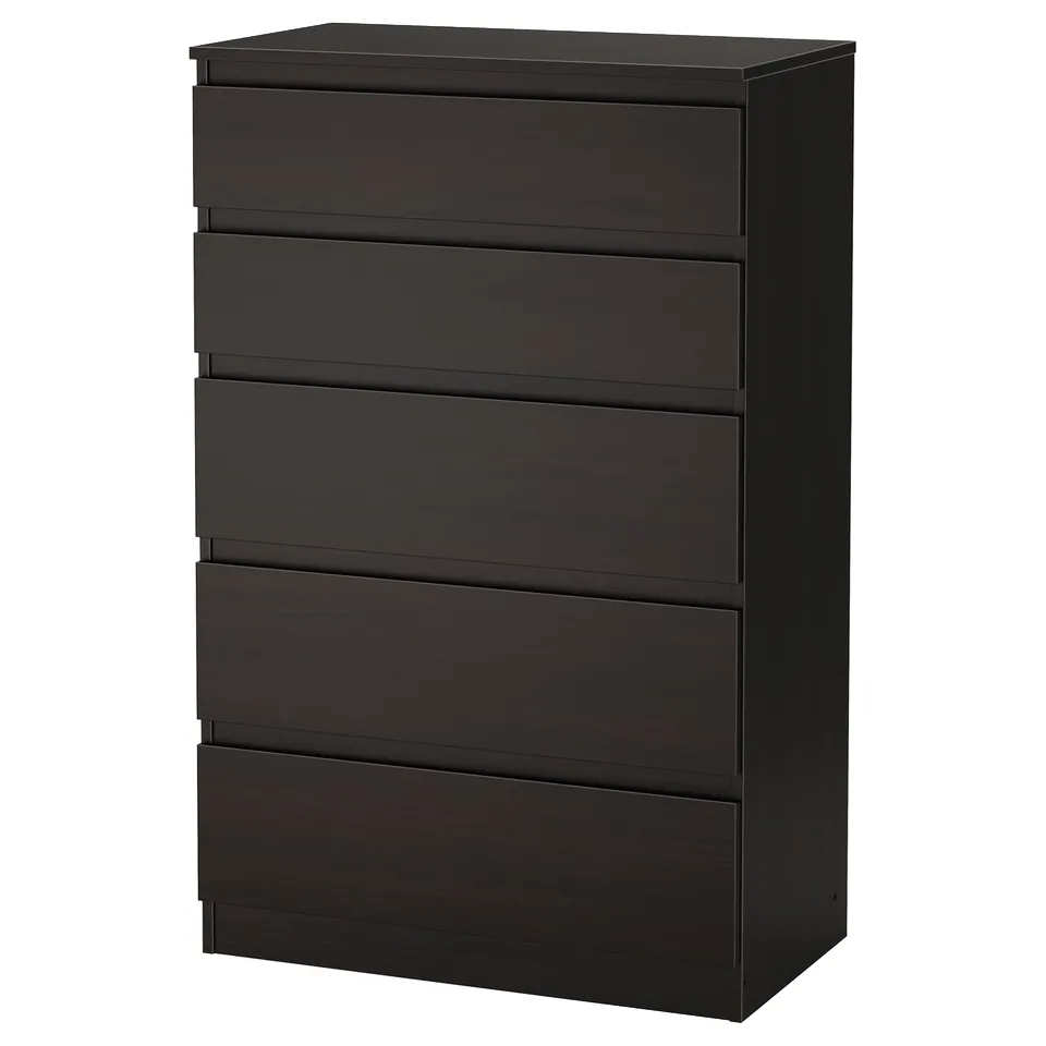 Black KULLEN chest with 5 drawers, sleek design.