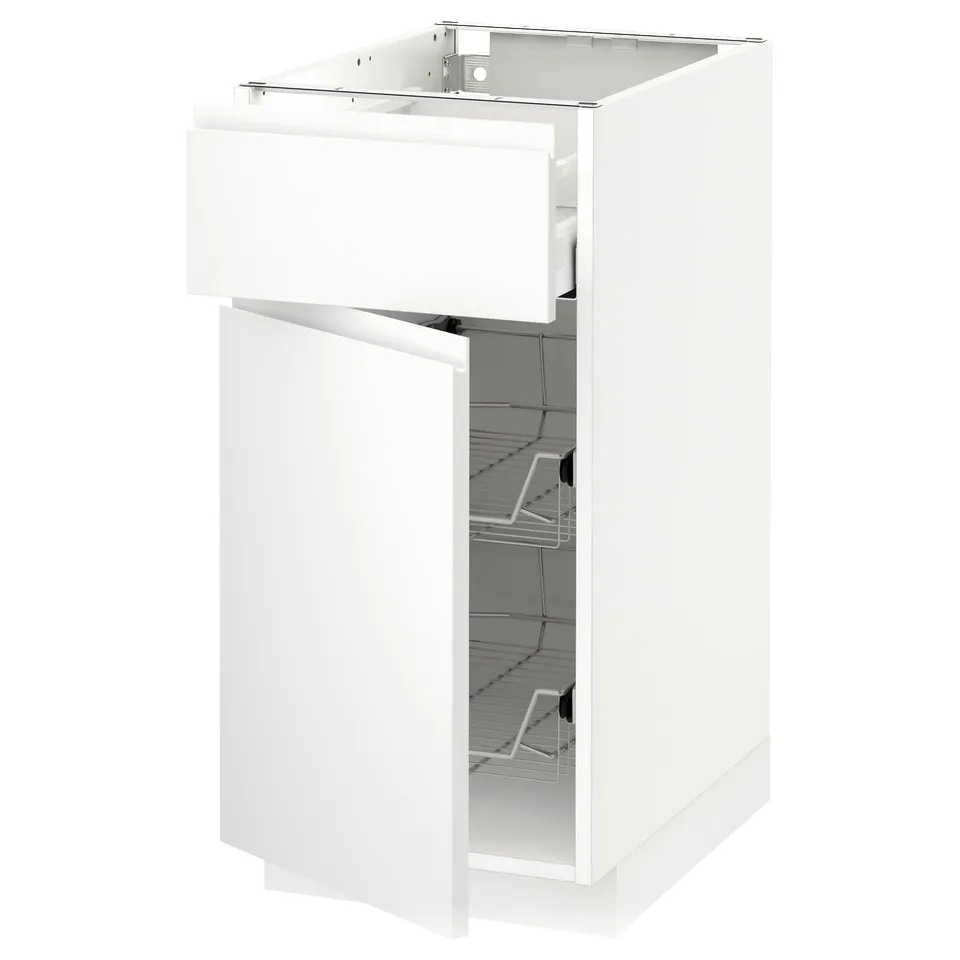 Ikea METOD white cabinet with single drawer and shelves, modern minimalist design.