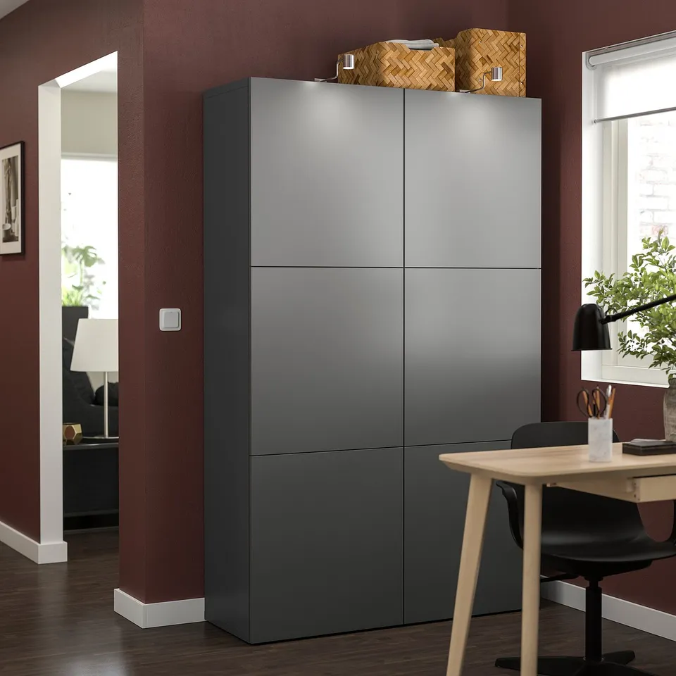 Six-door grey cabinet in modern living room. Clean lines, adjustable shelves.