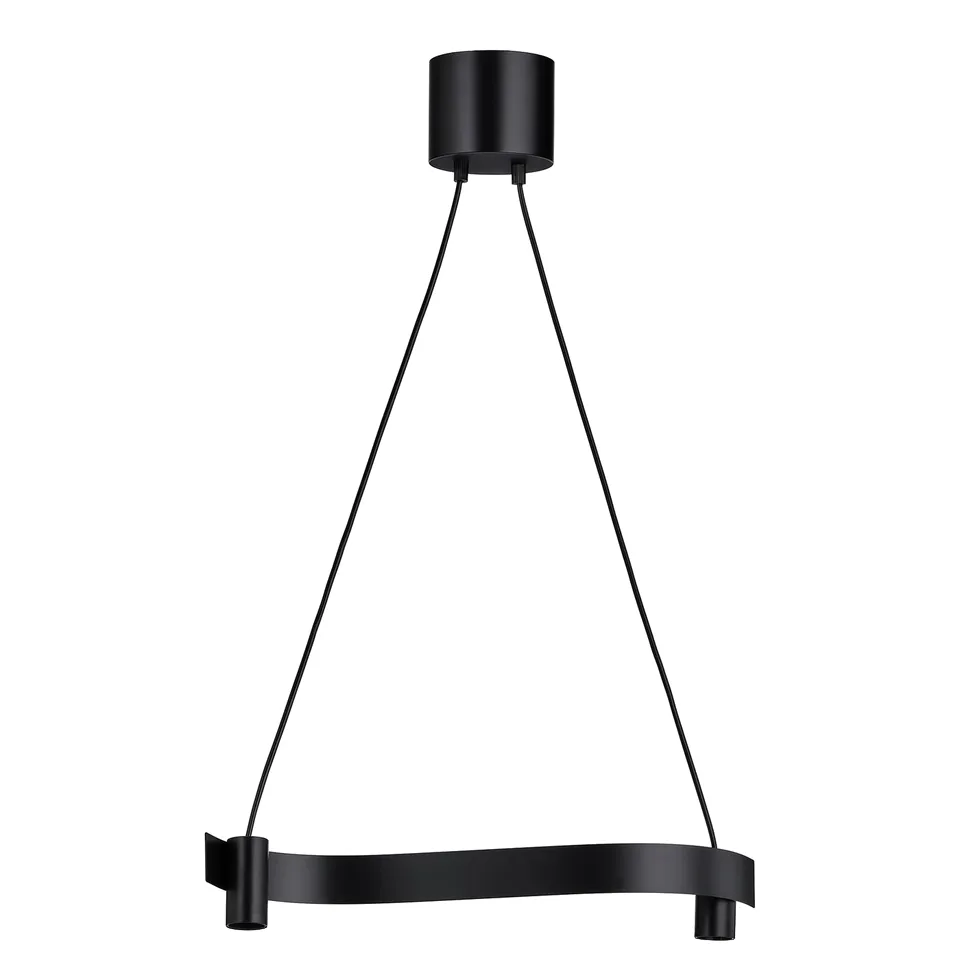 ACKJA black pendant lamp, wave-shaped, steel & plastic, hangs above tables, modern design.