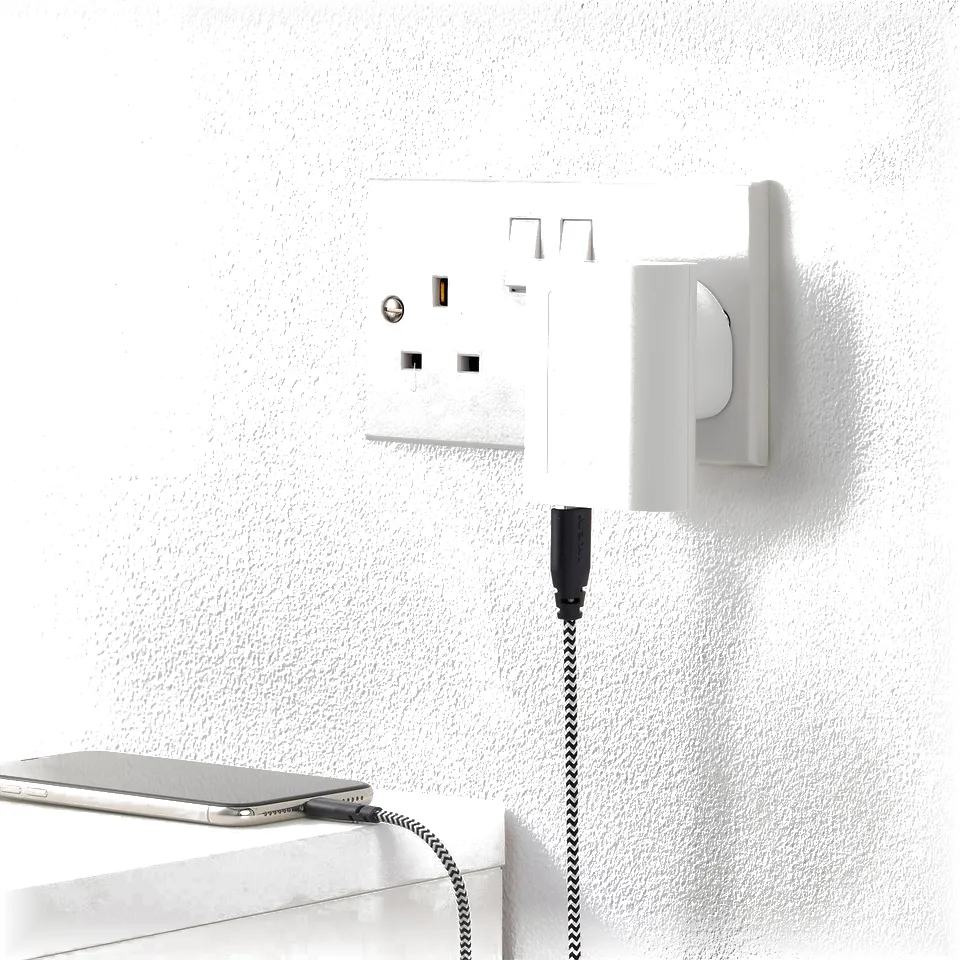 A wall-mounted charger with three usb ports charging a smartphone. Its compact, charging three devices simultaneously.