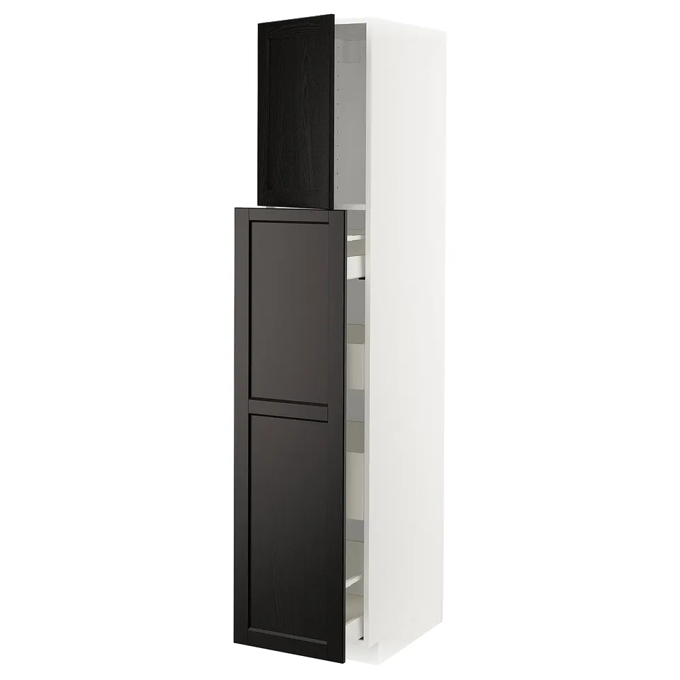 White kitchen cabinet, dark brown doors, multiple shelves, visible drawer.