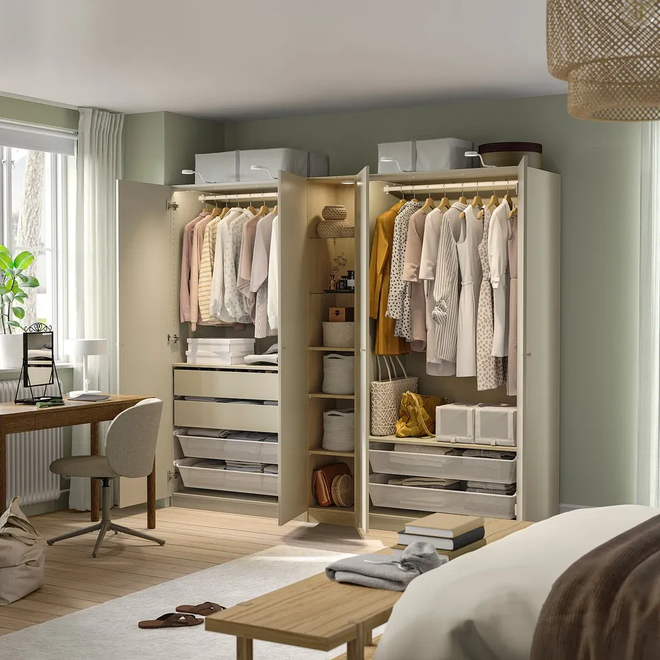PAX / FORSAND Wardrobe combination, grey-beige grey-beige/oak effect, 235x60x201 cm