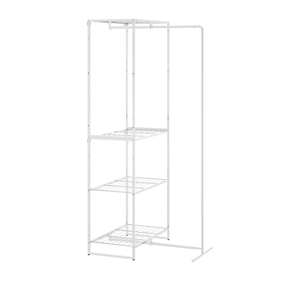 White JOSTEIN metal storage shelf with three tiers and hanging rod, great for small spaces and humid areas.