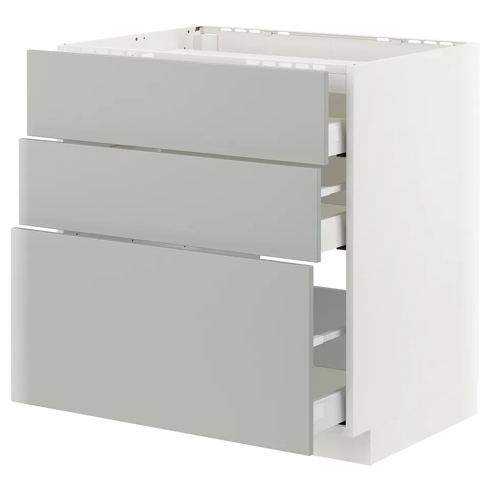 Modern light grey three-drawer METOD kitchen cabinet with sleek design.