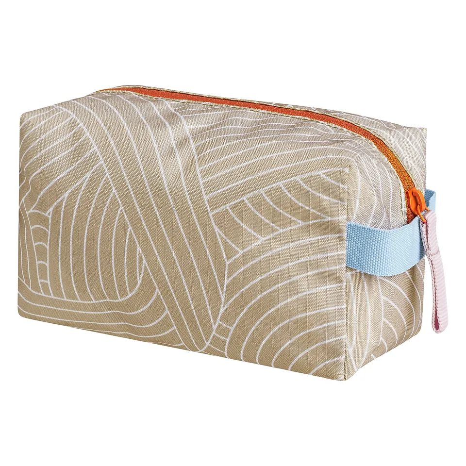 Recycled polyester cosmetics bag with leaf print, zip closure, and handle, ideal for travel and organising accessories.