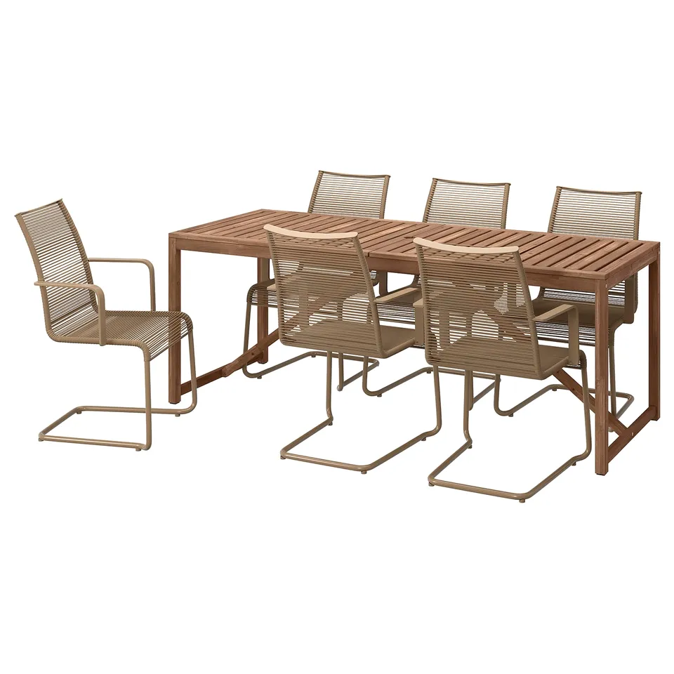 Brown outdoor dining set includes rectangular table and four chairs with woven seats.