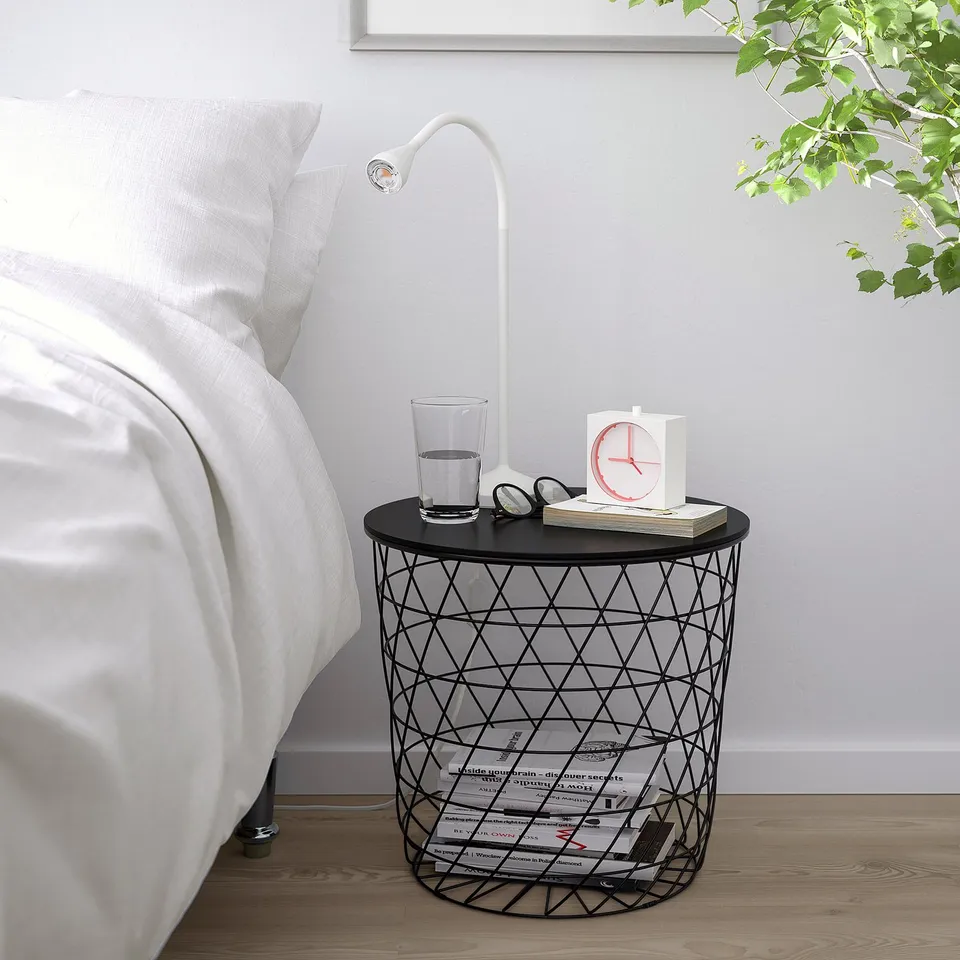 KVISTBRO bedside table: glass, clock, magazines