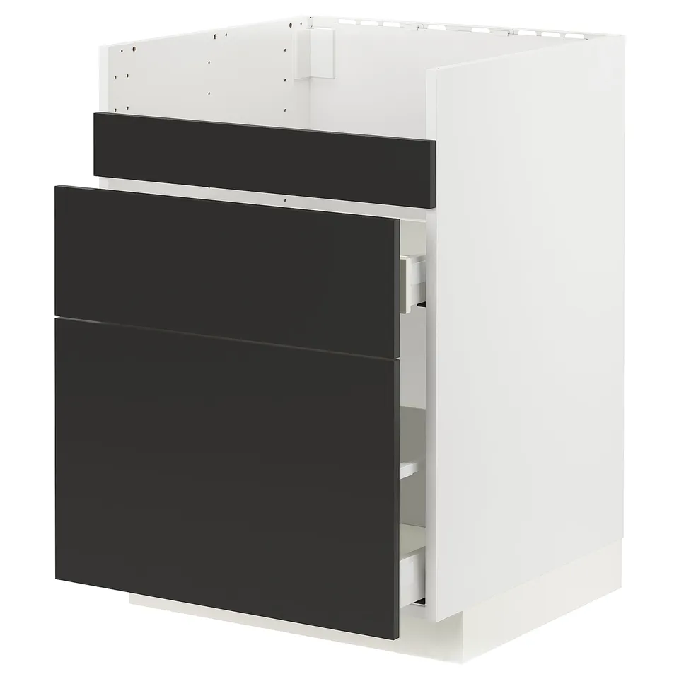 Black and white METOD kitchen cabinet with drawers, modern design.