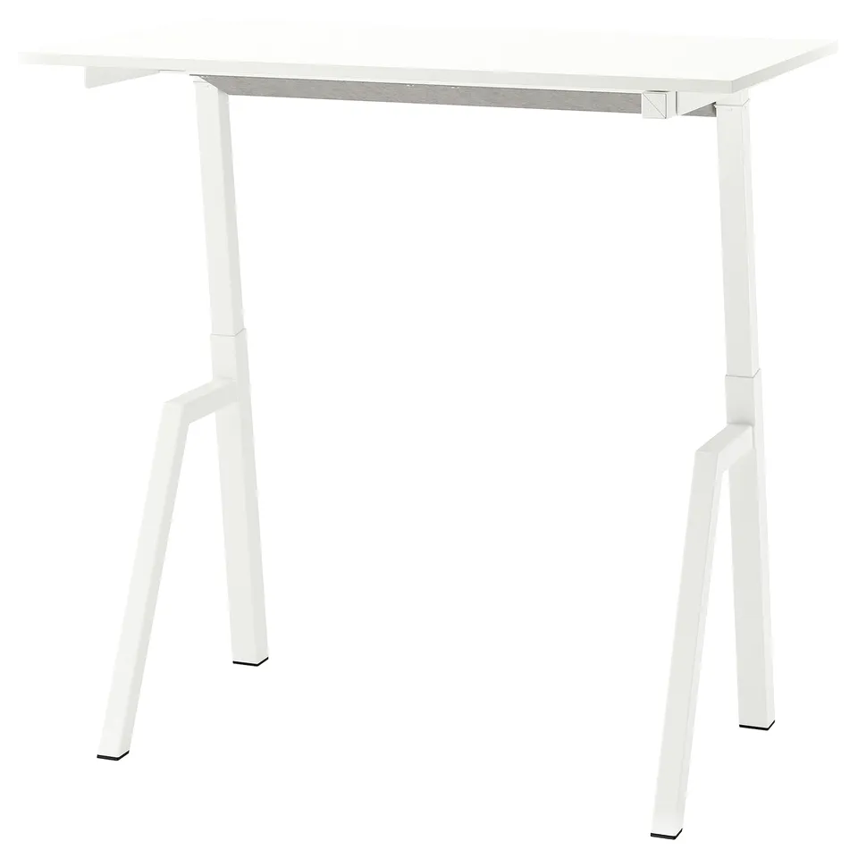 A TROTTEN white adjustable desk with metal legs, designed for sitting or standing positions.