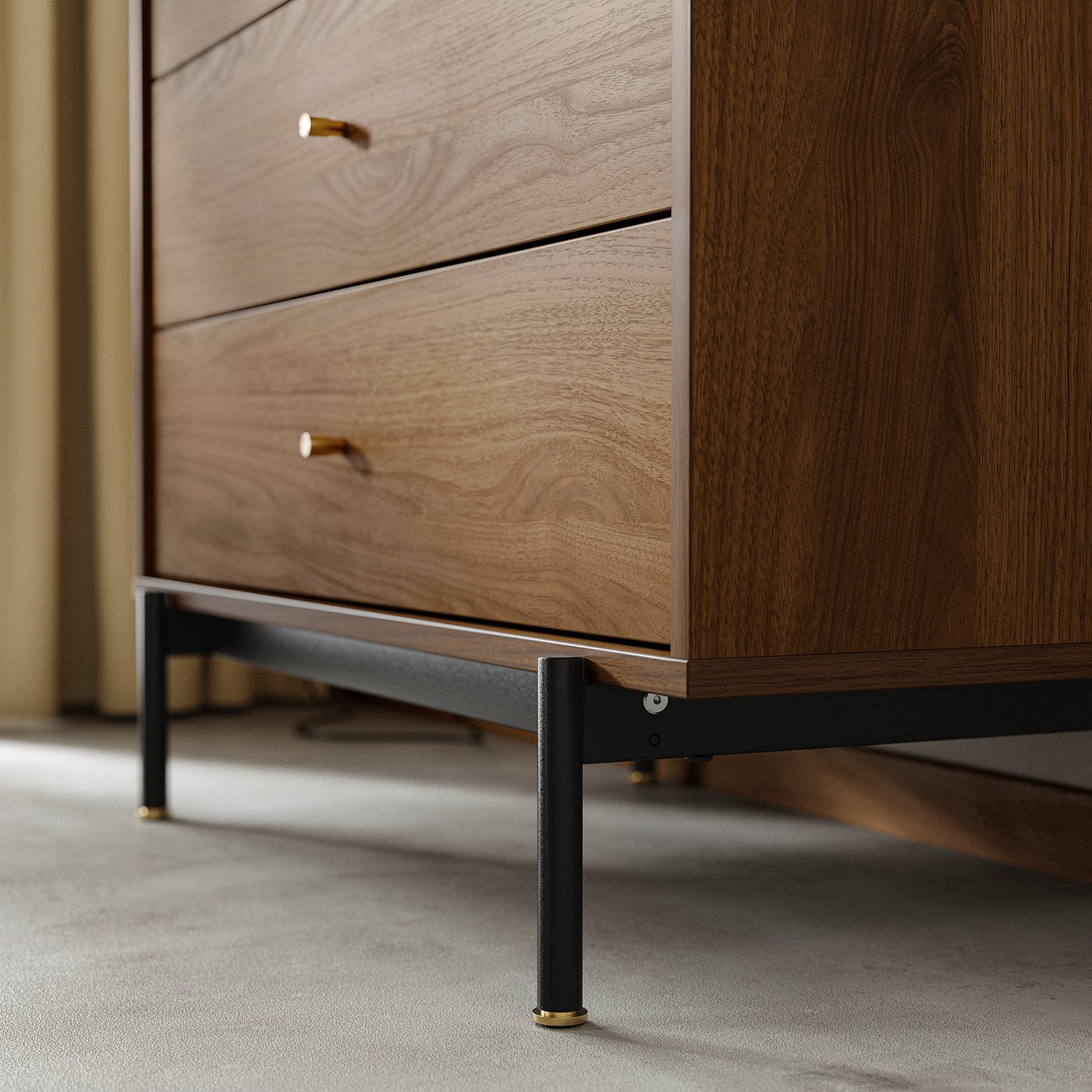 Mid-century inspired chest with sleek lines and warm walnut finish. Brass-look handles and sturdy metal legs for elevated display.