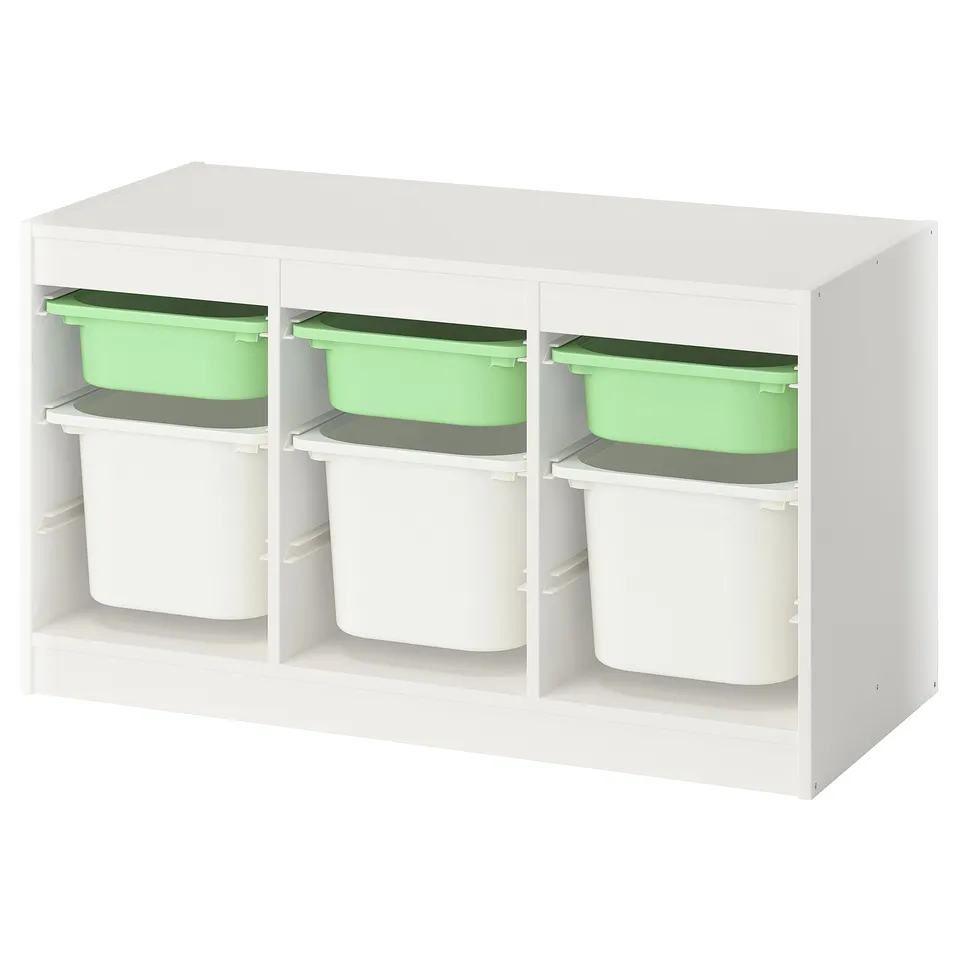 TROFAST white kids organiser with 6 green/gray bins.