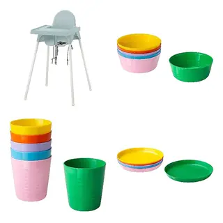 ANTILOP/KALAS set: highchair with tray + colorful bowl + colorful cup + colorful plate