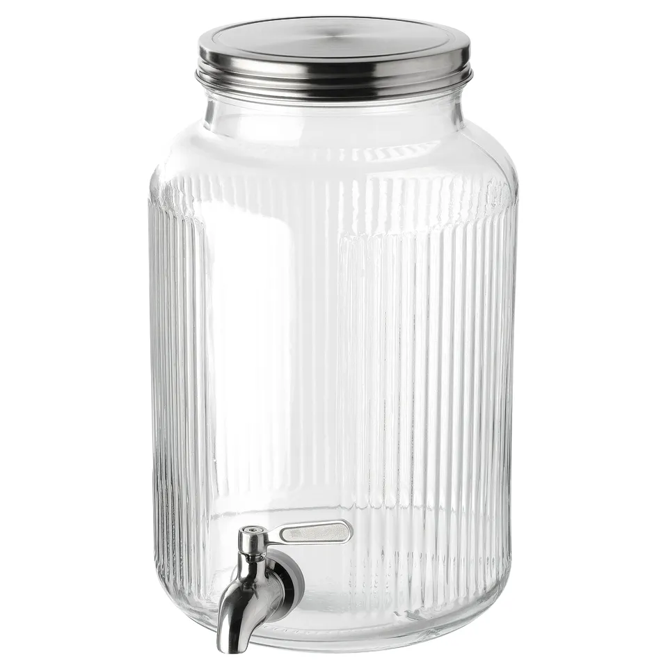 VARDAGEN: clear glass jar with metal spout, ribbed design, stainless steel lid, ideal for outdoor parties.
