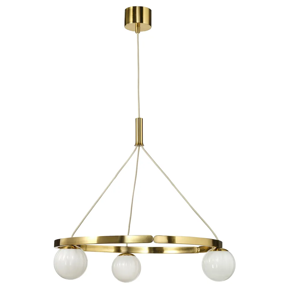 AKTERSPRING pendant lamp - brass & glass, golden, circular frame with three globes, hanging design.