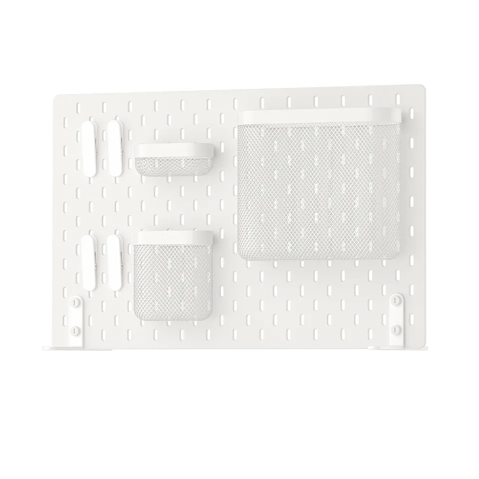 SKÅDIS white wall organiser with mesh baskets, pegboard design.