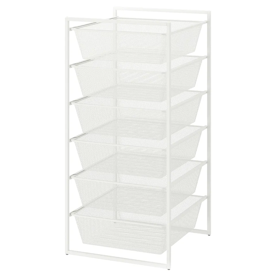 White JONAXEL mesh storage rack, five-tiered, metal frame, rectangular baskets, bathroom organiser.