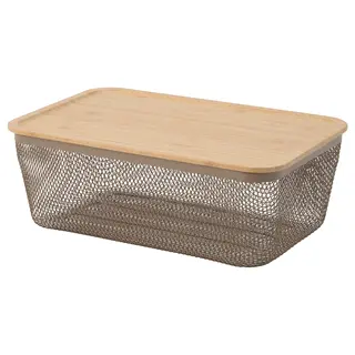 IKEA 365 + food storage basket with lid, rectangular metal/light grey-brown bamboo, 32x21x13 cm