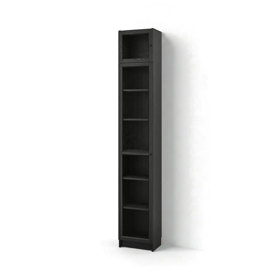 Tall black BILLY bookcase against white wall, sleek design, six empty shelves.