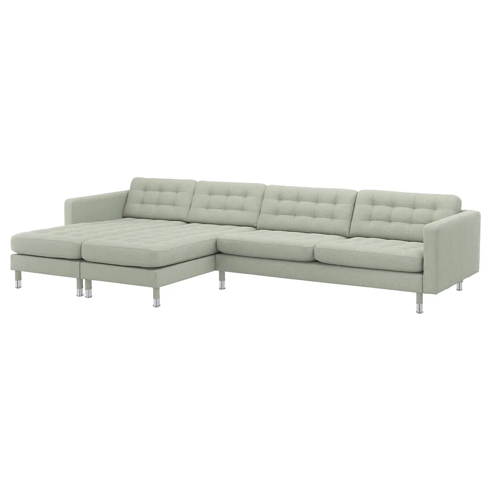 Modern light grey l-shaped sofa with tufted cushions and metal legs.