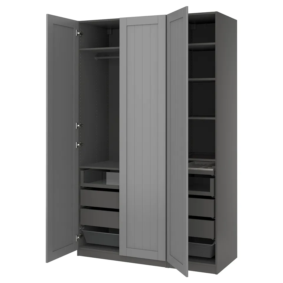 Grey PAX wardrobe, open with shelves and drawers, minimalist design.