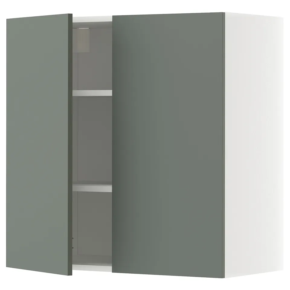 Open light grey-green METOD wall cabinet, two doors, square shape, modern design, storage shelf inside.