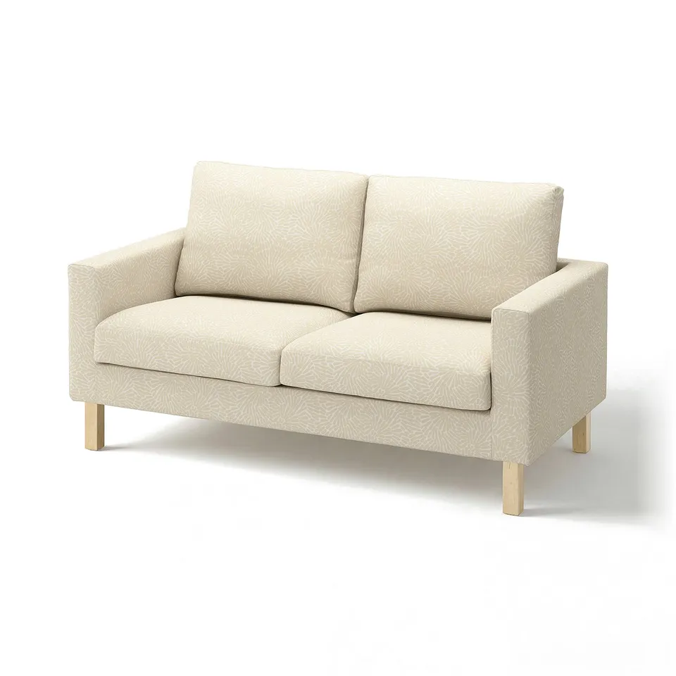 Beige patterned loveseat with light wooden legs, casual and airy design.