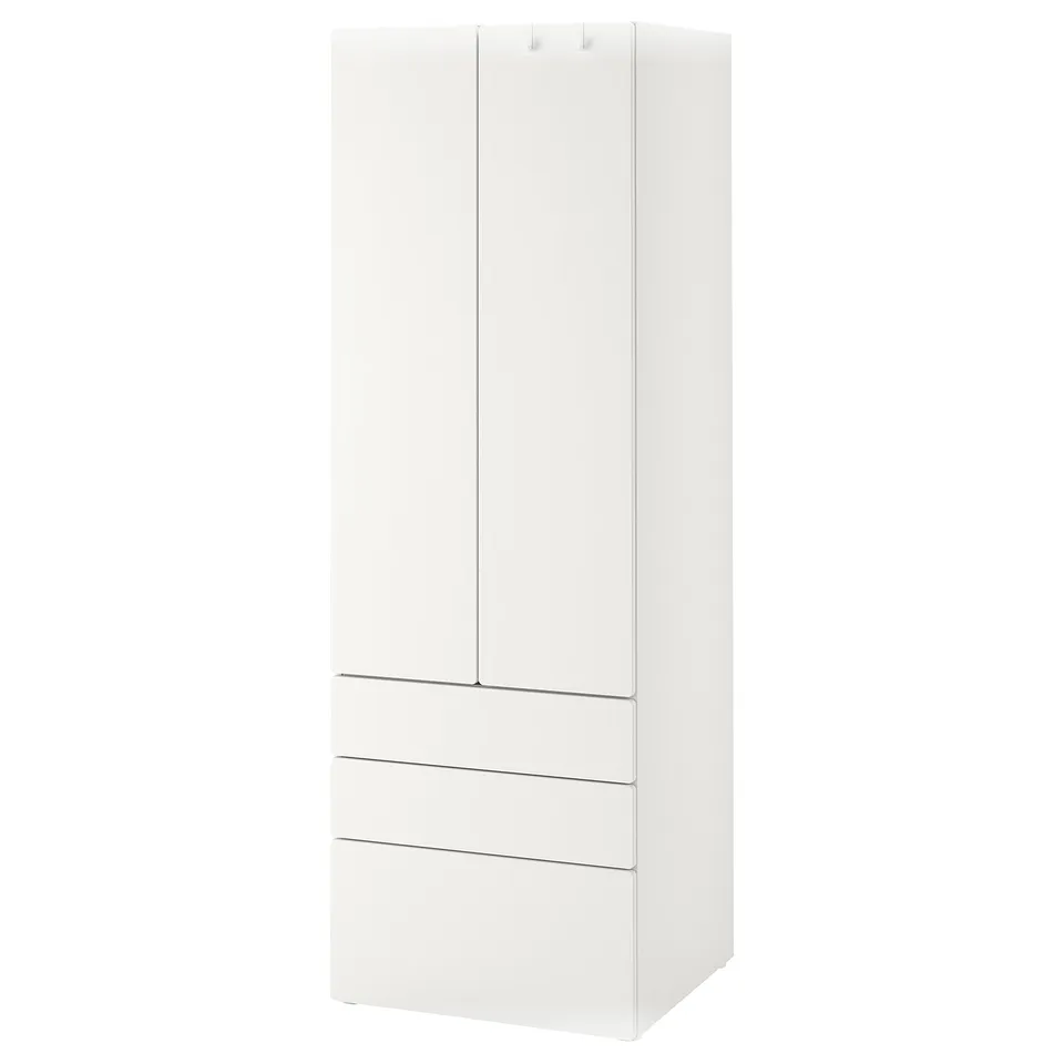 White SMÅSTAD wardrobe. Tall with 2 doors, three drawers, modern design.