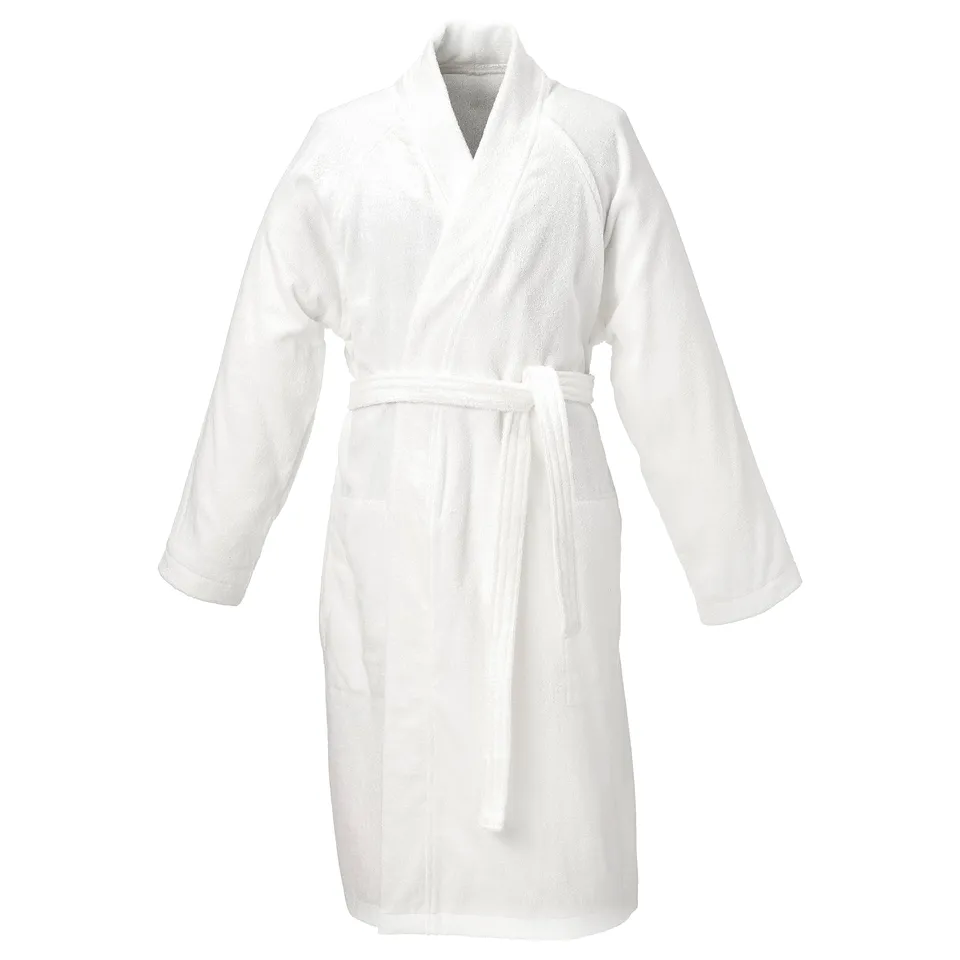 White ROCKÅN bathrobe, full-length, terry cotton, pockets, adjustable belt.