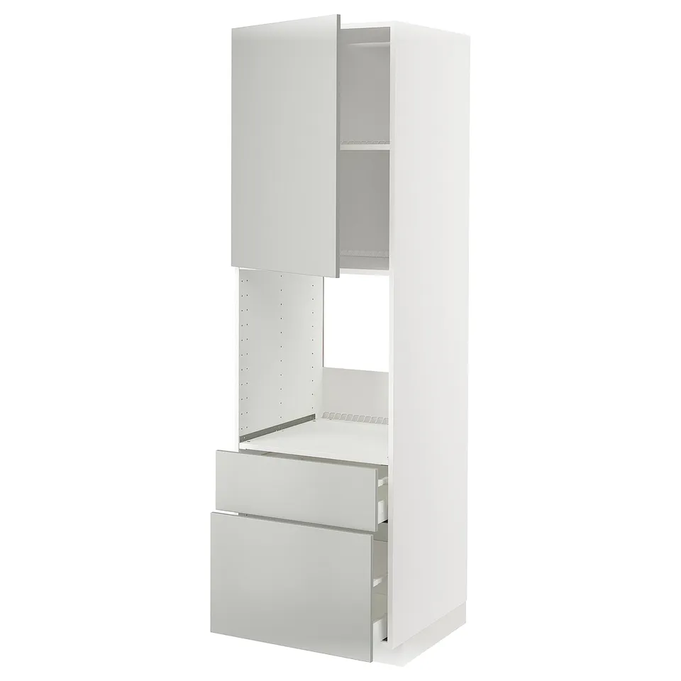 White tall kitchen cabinet with light grey drawers and shelves.