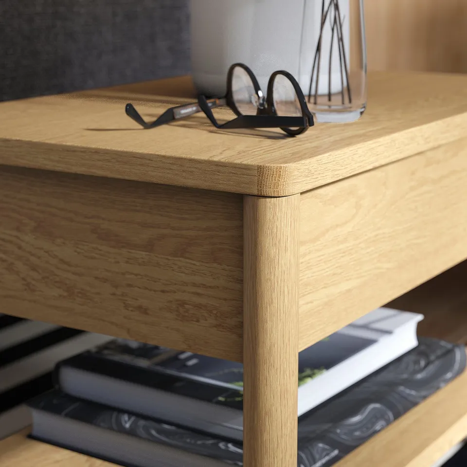 Wooden side table with soft-close drawer and shelf, veneer finish.