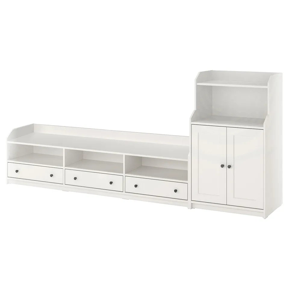 HAUGA white storage: tv bench with drawers, enclosed cabinet.