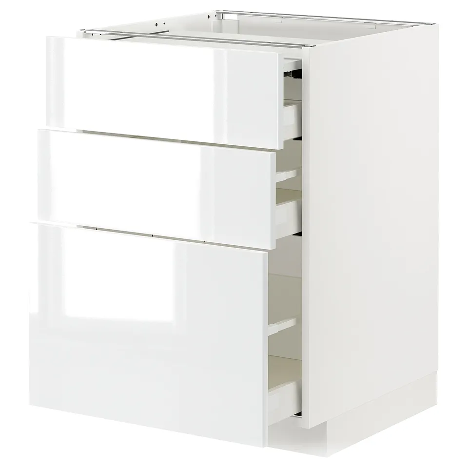 A white high-gloss METOD kitchen cabinet with multiple drawers. It sleek, modern design and sturdy construction.
