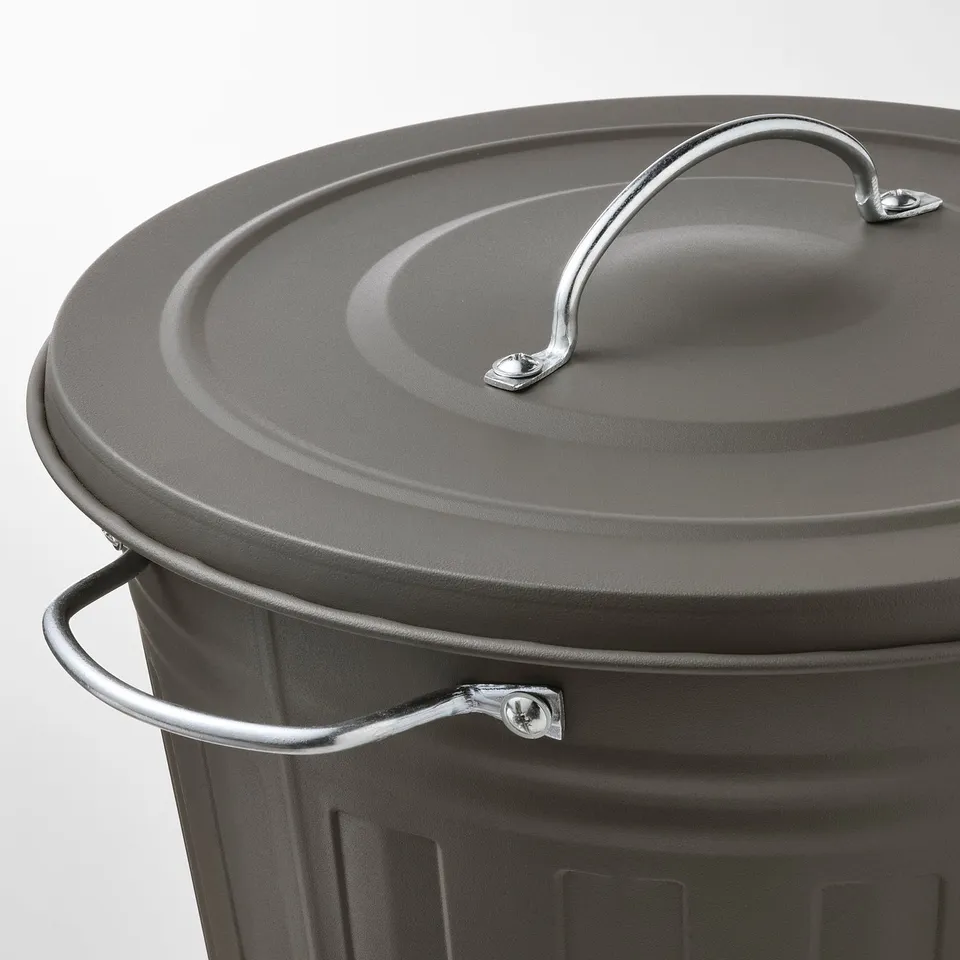 Top view of grey bin with sturdy handles and secured lid.