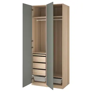 PAX / REINSVOLL wardrobe combination, white stained oak effect/grey-green, Width 100.0 x Depth 60.0 x Height 236.4 cm