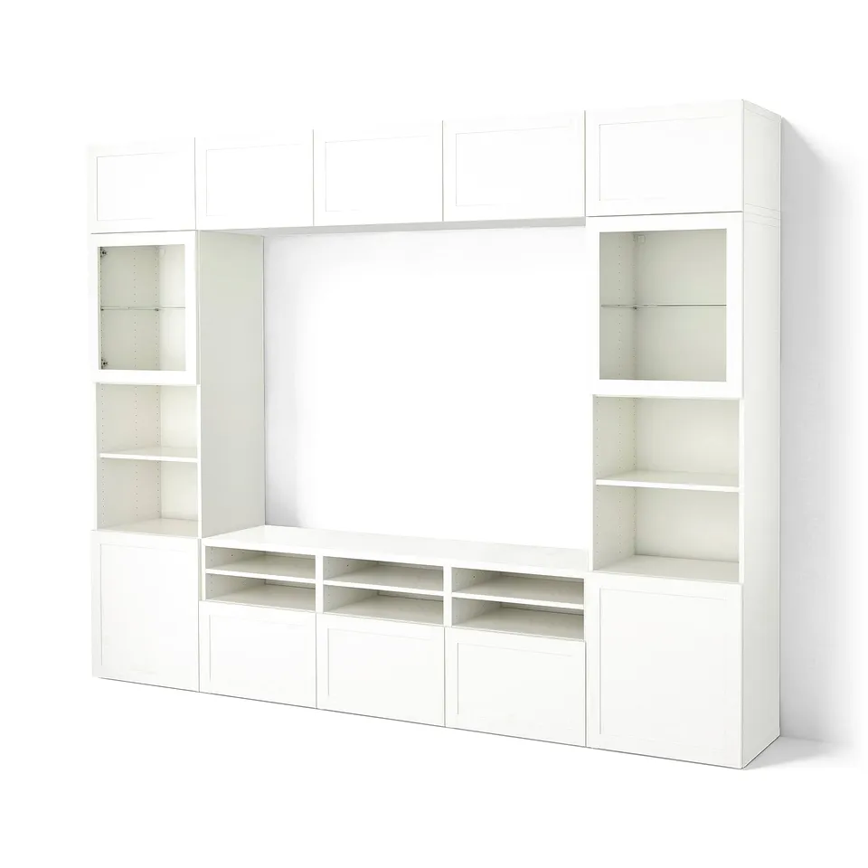 BESTÅ TV storage combination/glass doors, white/Hanviken white clear glass, 300x42x231 cm