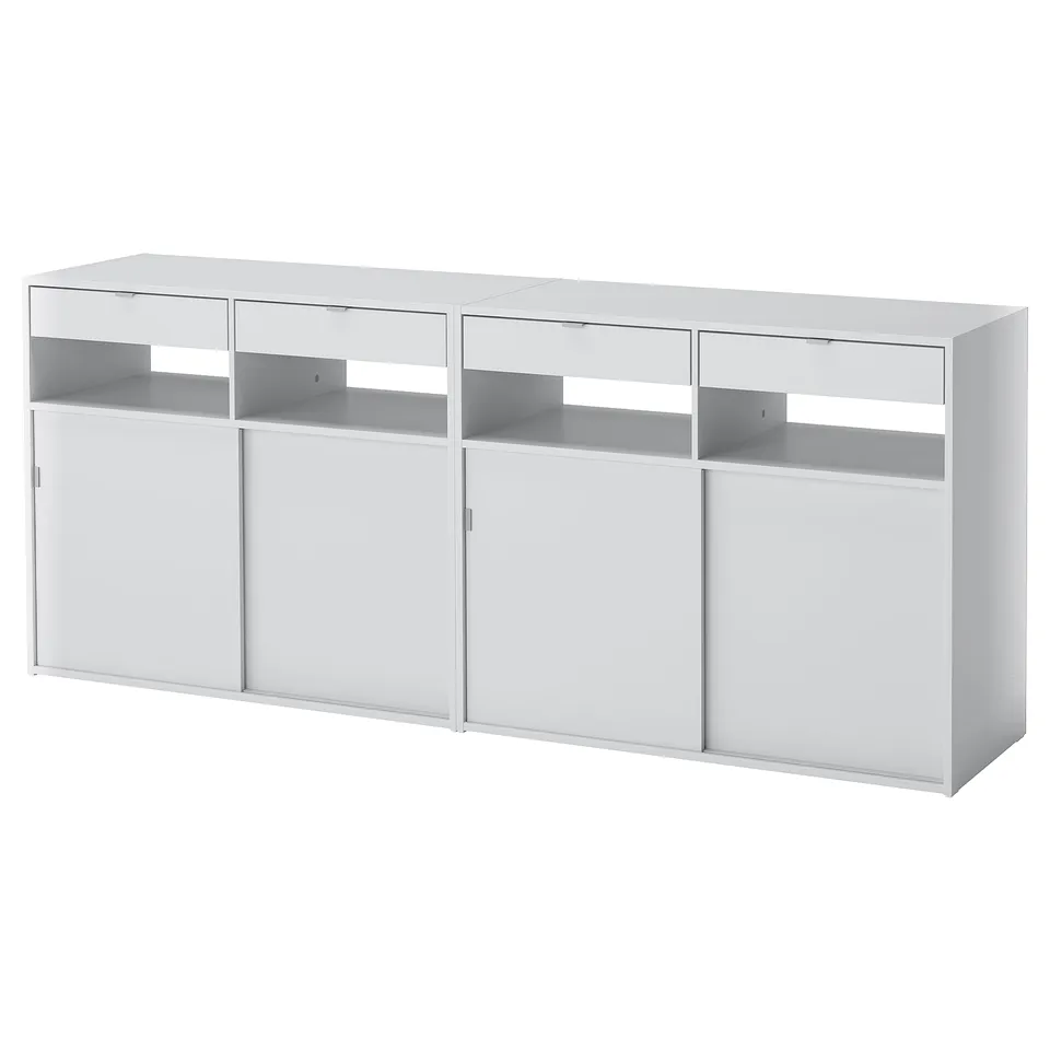 A white SPIKSMED storage unit with multiple compartments and sliding doors, perfect for organising items.