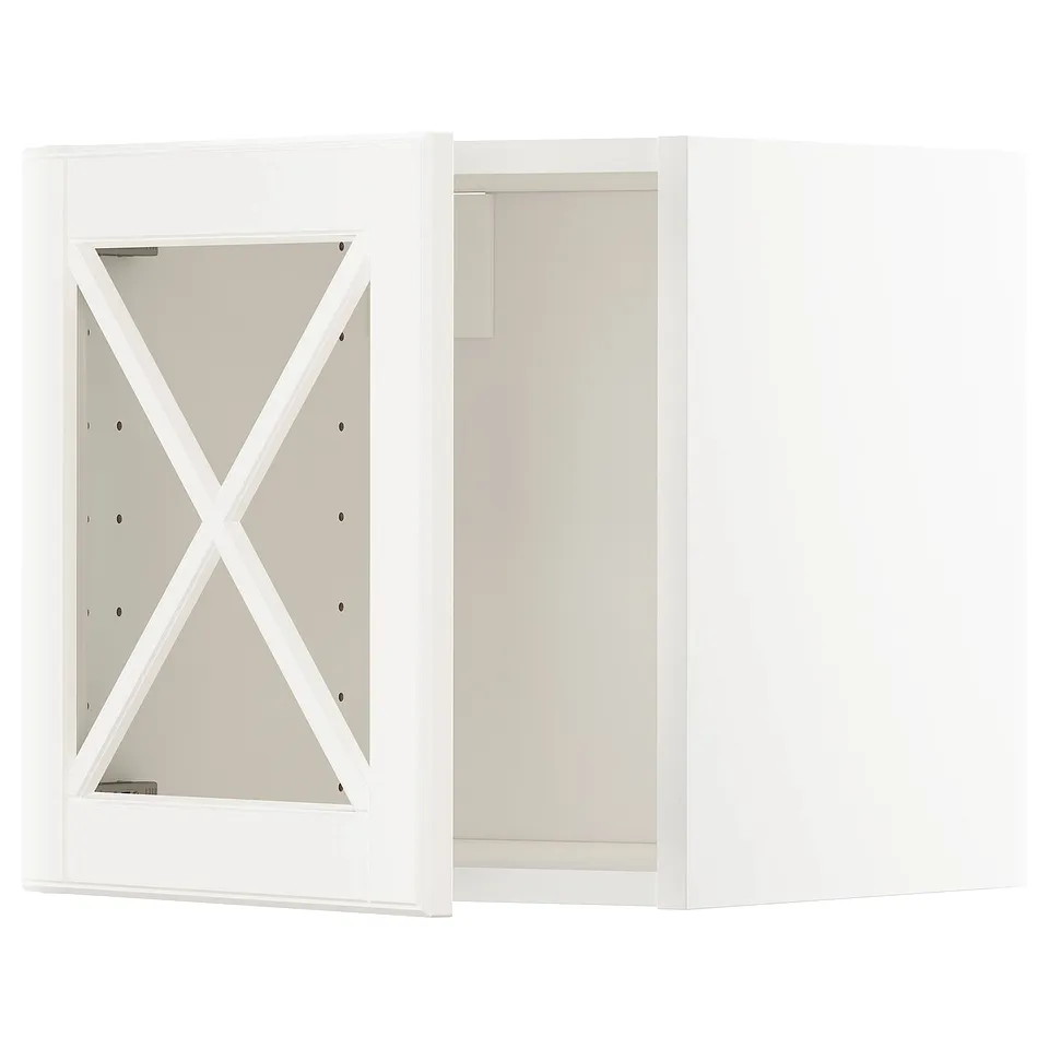 Depicts a white kitchen cabinet from the METOD system with glass doors featuring a crossbar design.