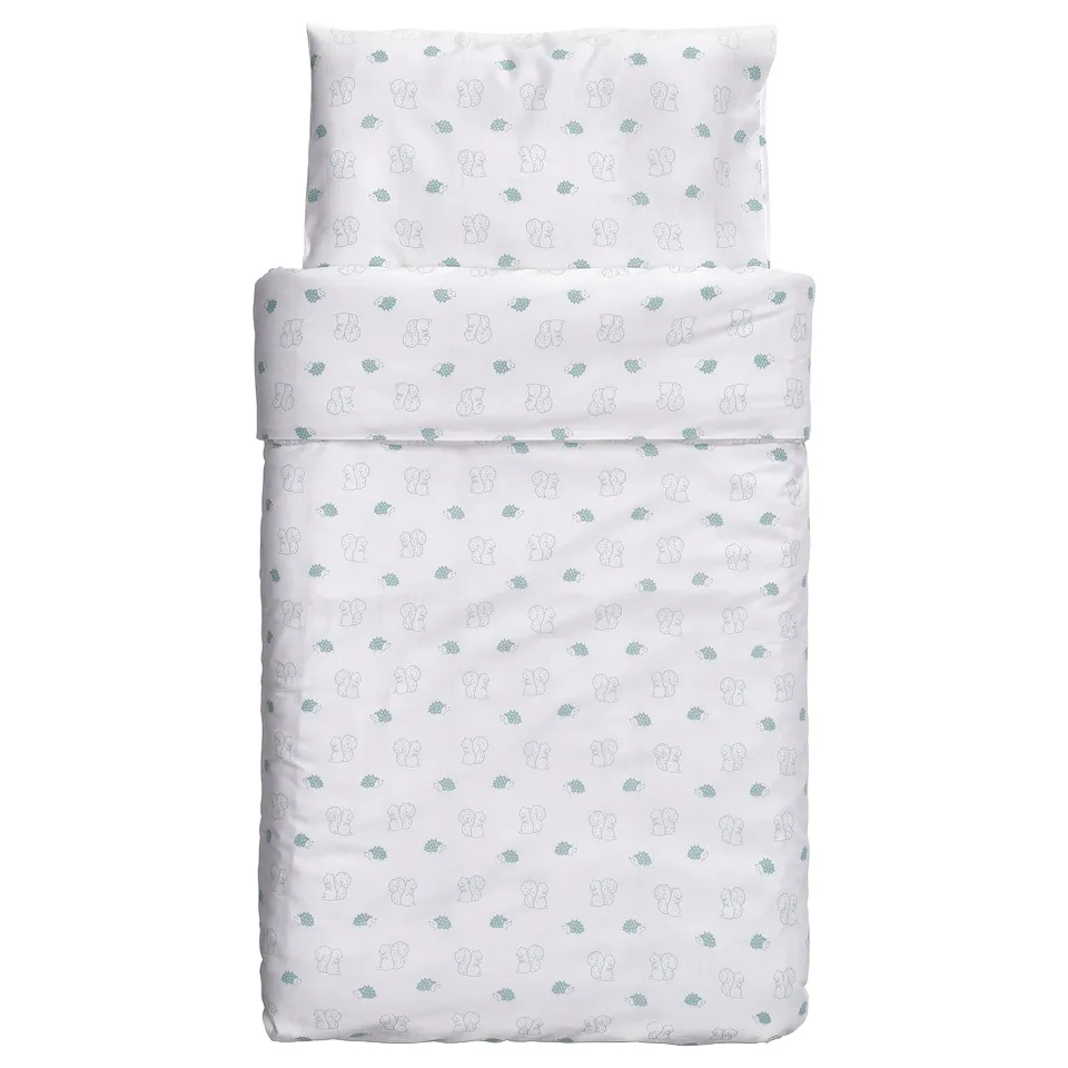 LEN Duvet cover 1 pillowcase for cot, white blue/squirrel and hedgehog pattern, 110x125/35x55 cm