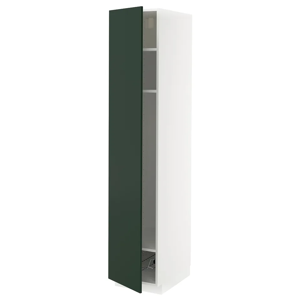 White tall kitchen cabinet with green door, adjustable shelf.