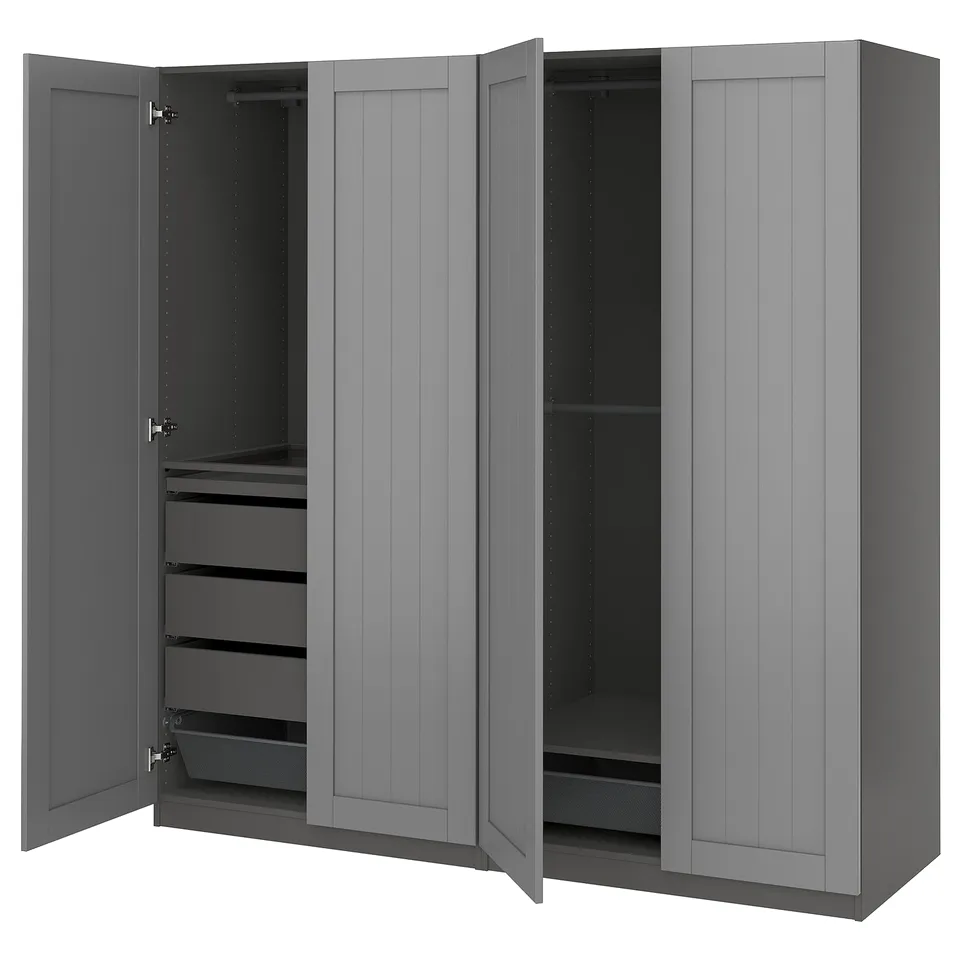 Grey PAX wardrobe with open doors, shelves, and drawers.