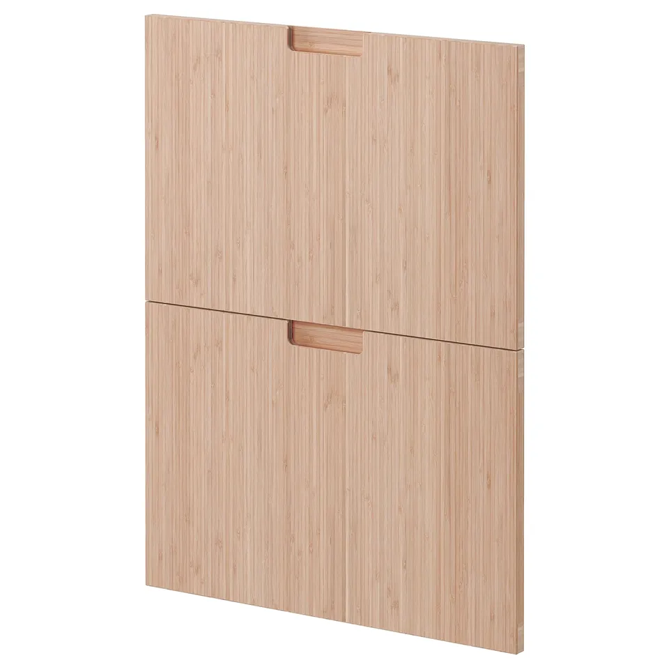 Ikea METOD kitchen cabinet with natural bamboo finish and sleek handles.