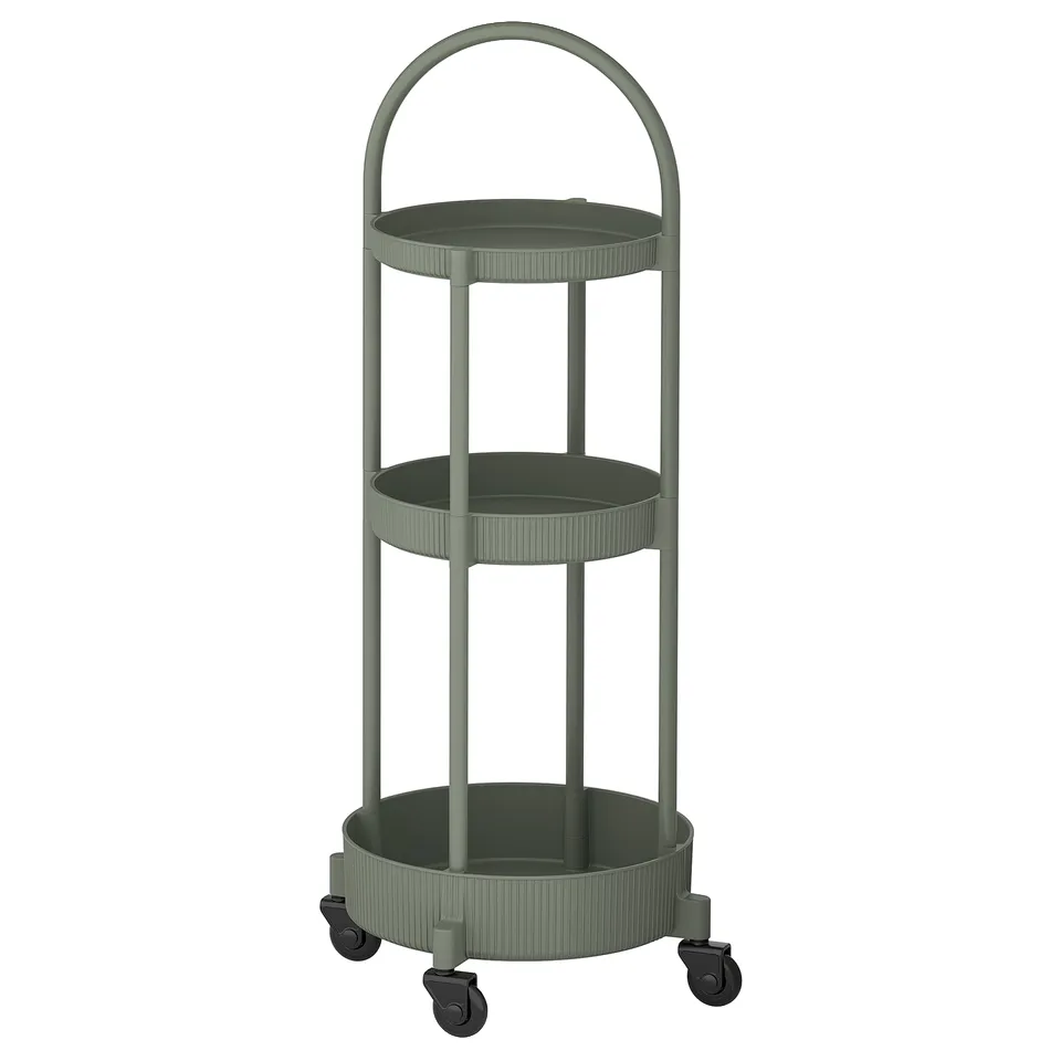 A JUTTERSBO trolley in grey-green. Its a round 3-tier storage trolley with wheels and a handle on top, perfect for kitchens or living rooms.