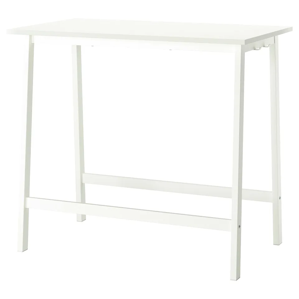 A MITTZON white high conference table with metal legs for sitting or standing, featuring a footrest on both sides for support.